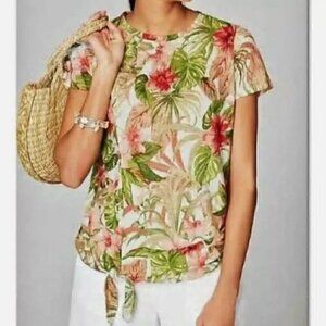 J. JILL Love Linen Tropical Floral Tie Front Tee White Green Short Sleeve Blouse